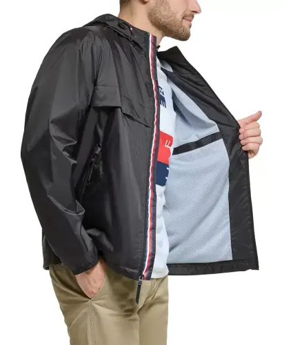 Men's Stretch Hooded Zip-Front Rain Jacket - Black - 4