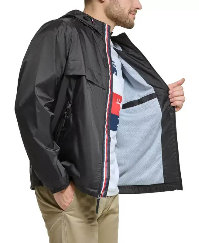 Men's Stretch Hooded Zip-Front Rain Jacket - Black - 4