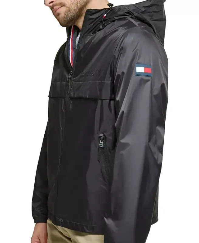 Men's Stretch Hooded Zip-Front Rain Jacket - Black - 5