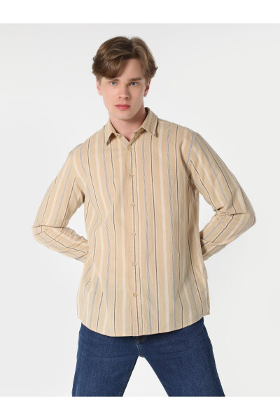 Men's striped, beige, regular fit long-sleeved shirt - 1