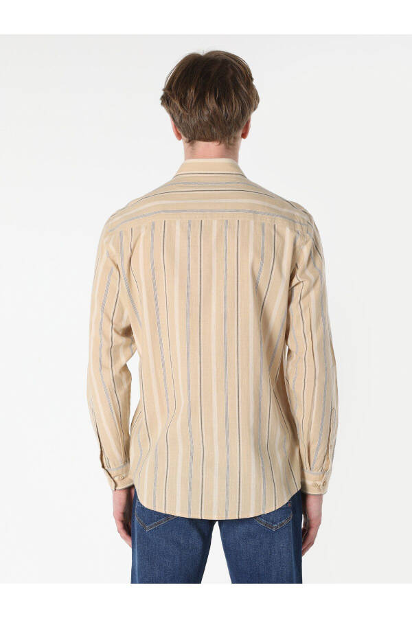 Men's striped, beige, regular fit long-sleeved shirt - 2