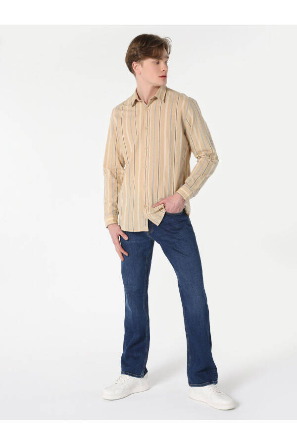 Men's striped, beige, regular fit long-sleeved shirt - 3