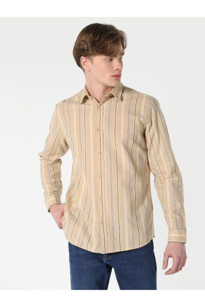 Men's striped, beige, regular fit long-sleeved shirt - 4