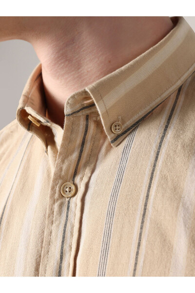 Men's striped, beige, regular fit long-sleeved shirt - 5