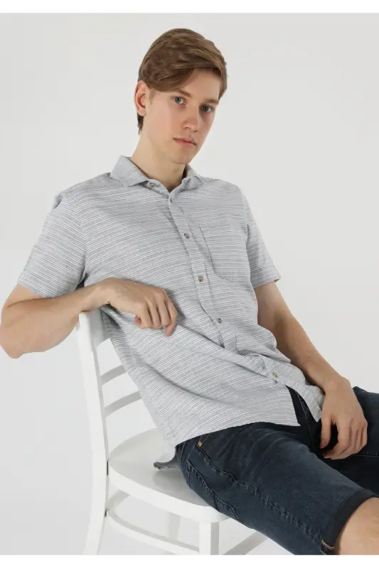 Men's Striped Blue Short Sleeve Shirt (Cl1061796) - COLIN’S