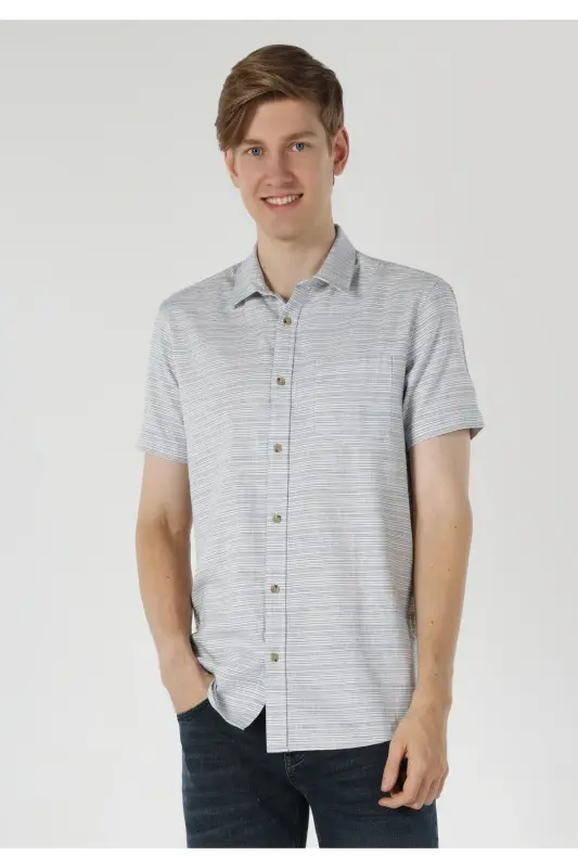 Men's Striped Blue Short Sleeve Shirt (Cl1061796) - 4