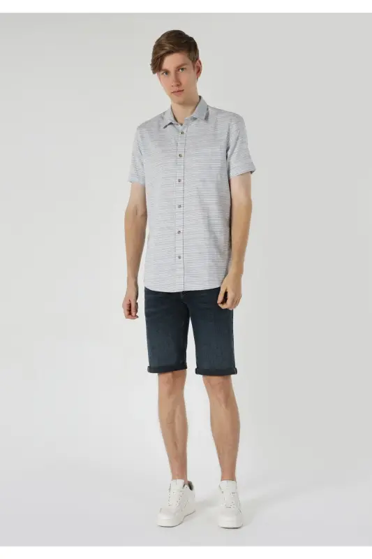 Men's Striped Blue Short Sleeve Shirt (Cl1061796) - 5