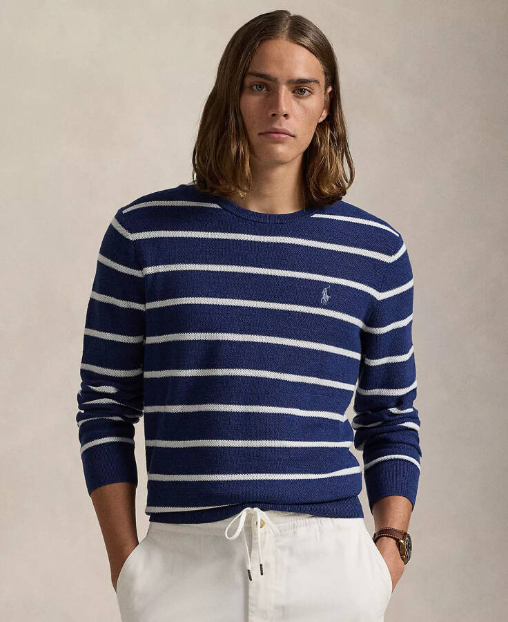 Men's Striped Mesh-Knit Cotton Sweater Blue - 1