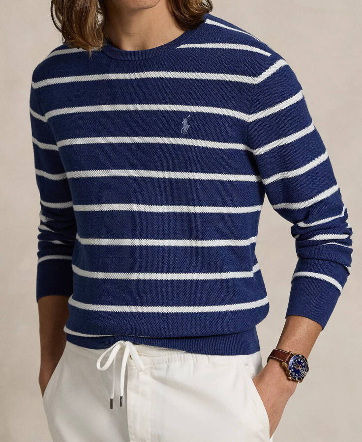 Men's Striped Mesh-Knit Cotton Sweater Blue - 3