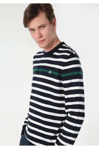 Men's striped, navy blue, bisiklet collar sweater. - 1
