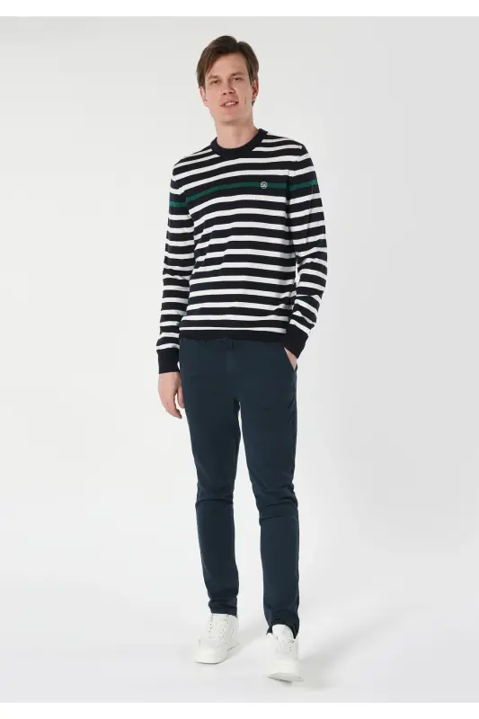 Men's striped, navy blue, bisiklet collar sweater. - 5