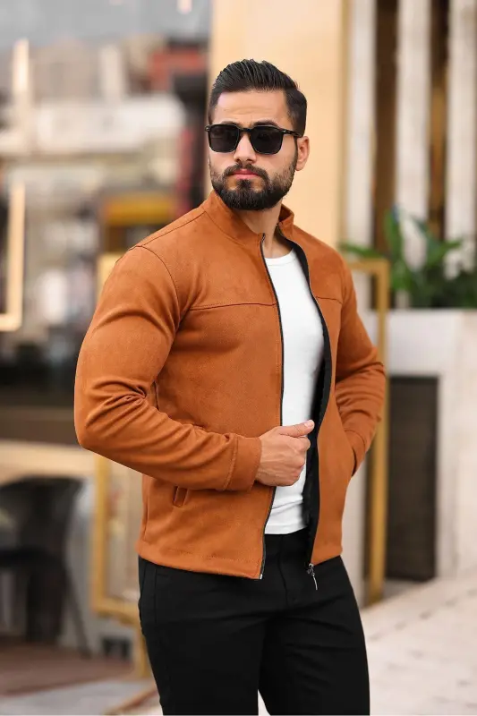 Men's Suede Slim Seasonal Jacket-TOBACCO - BASEL.CO