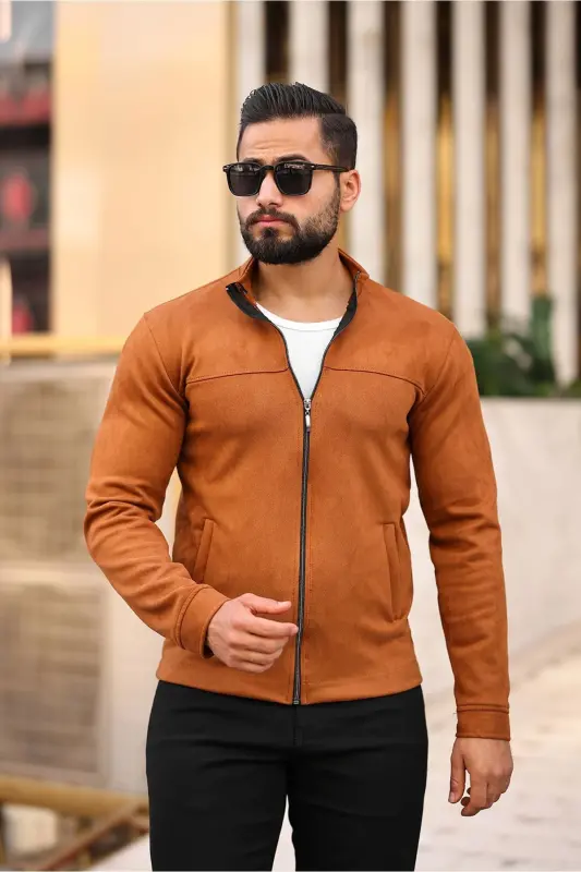 Men's Suede Slim Seasonal Jacket-TOBACCO - 2