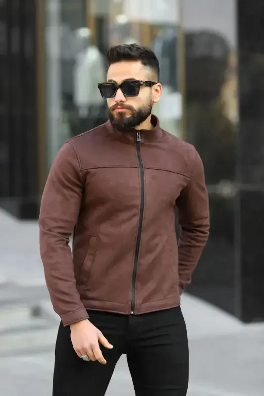 Men's Suede Thin Seasonal Jacket-BROWN - 3