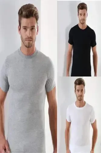 Men's T-Shirt White Black Gray Crew Neck Short Sleeve 3-Pack 100% Cotton - BÜYÜKBEDENIZ (1)