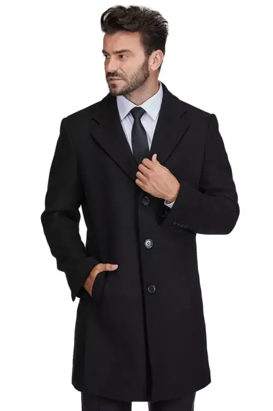 Men's Tailored Wool Blend Notch Collar Wool Blend Walker Car Coat-Black - BRAVEMAN
