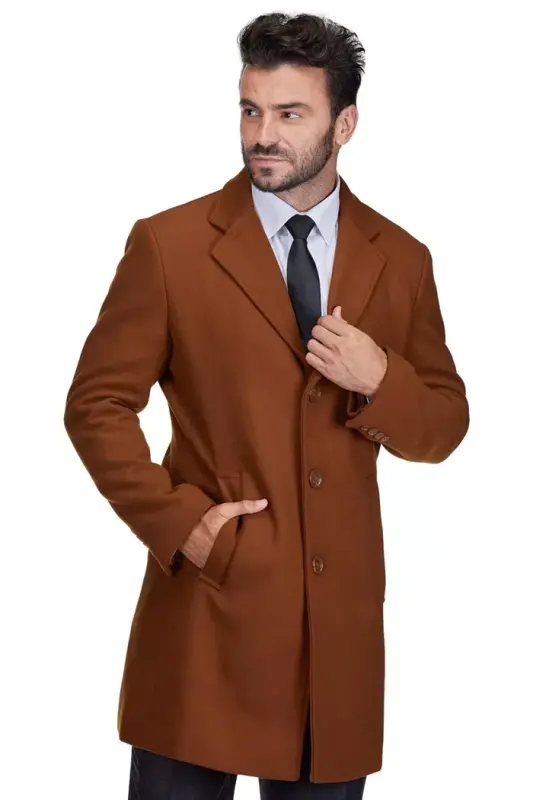 Men's Tailored Wool Blend Notch Collar Wool Blend Walker Car Coat-Caramel - 2