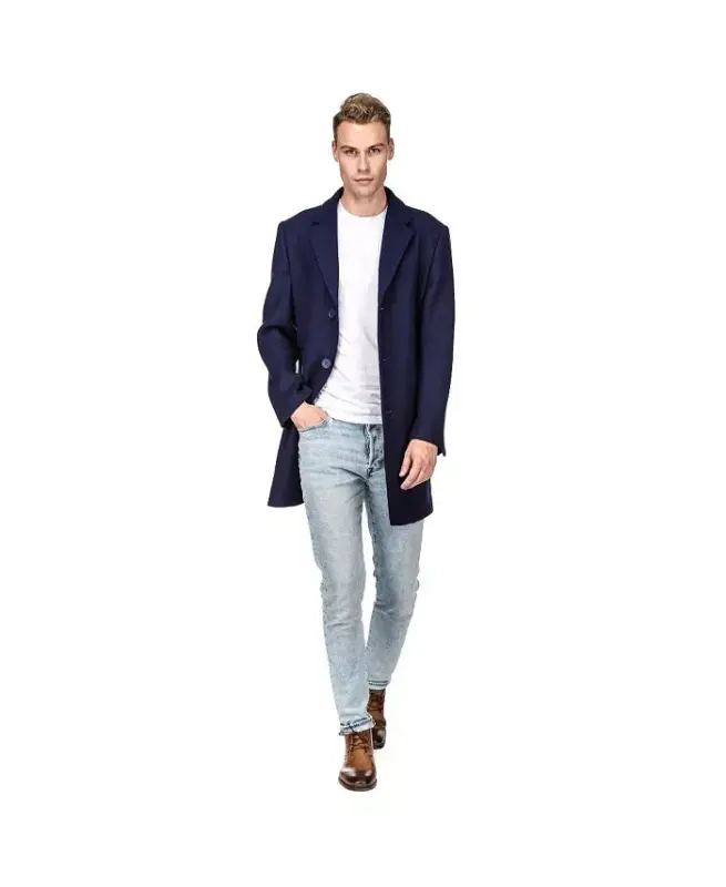 Men's Tailored Wool Blend Notch Collar Wool Blend Walker Car Coat - Navy - 2