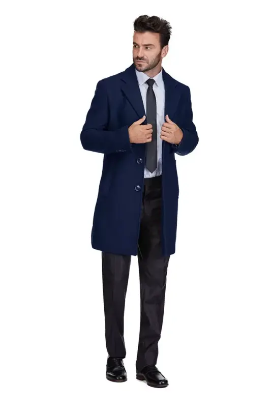 Men's Tailored Wool Blend Notch Collar Wool Blend Walker Car Coat - Navy - 1
