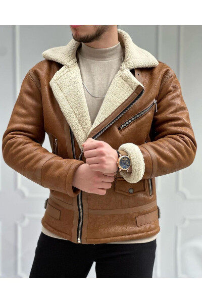 Men's Tan Color Napa Leather Jacket with Full Fur Lining, North Model - HE BRAND