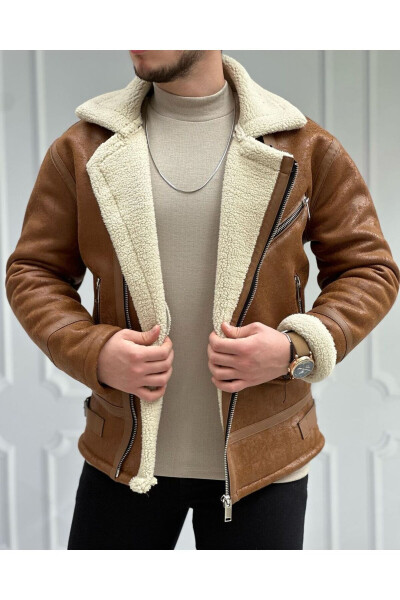 Men's Tan Color Napa Leather Jacket with Full Fur Lining, North Model - HE BRAND (1)