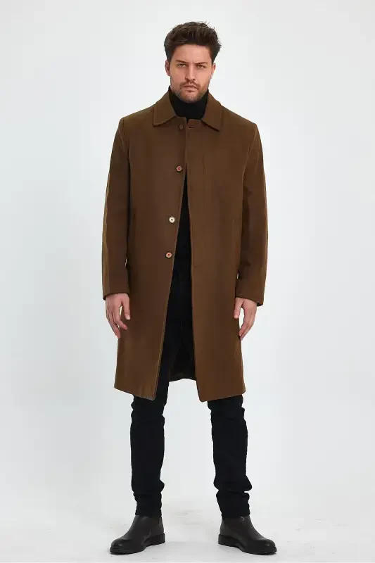 Men's Tan Long Regular Fit Wool Coat-BROWN - TREND KOMBİN