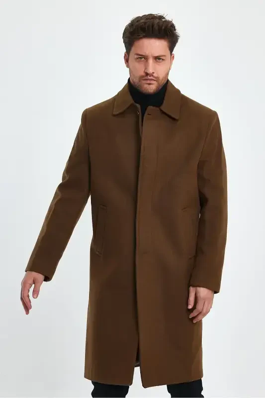 Men's Tan Long Regular Fit Wool Coat-BROWN - 3