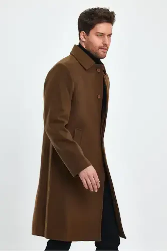 Men's Tan Long Regular Fit Wool Coat-BROWN - 5