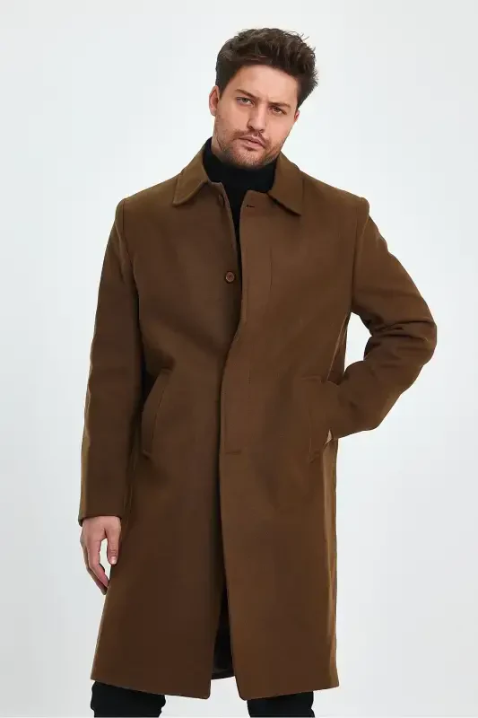 Men's Tan Long Regular Fit Wool Coat-BROWN - 6
