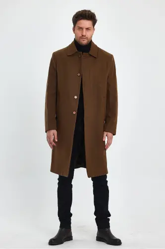 Men's Tan Long Regular Fit Wool Coat-BROWN - TREND KOMBİN (1)