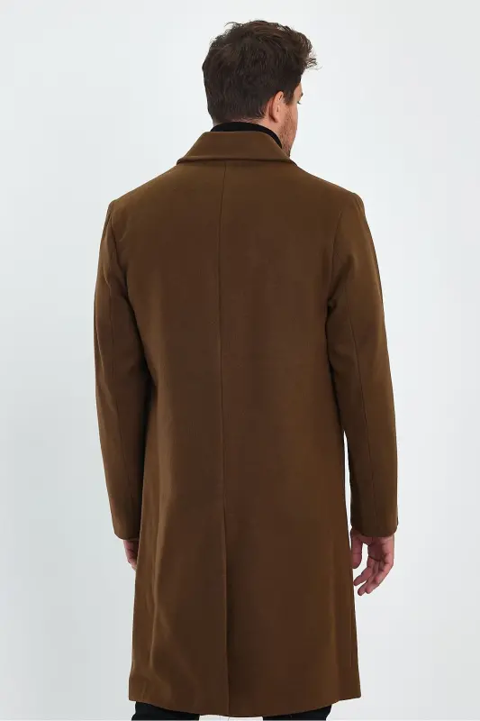 Men's Tan Long Regular Fit Wool Coat-BROWN - 8