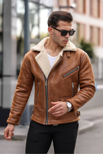 Men's Tan Napa Leather Cross-Stitch Jacket - 1