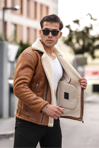 Men's Tan Napa Leather Cross-Stitch Jacket - 3