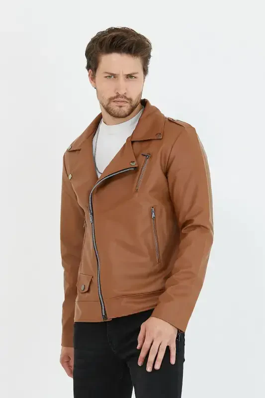 Men's Tan New Season Cross Zippered Leather Jacket-Tan - MERO LIFE