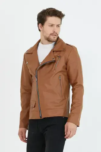 Men's Tan New Season Cross Zippered Leather Jacket-Tan - MERO LIFE (1)