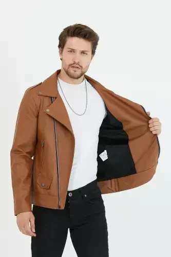 Men's Tan New Season Cross Zippered Leather Jacket-Tan - 3