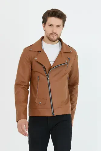 Men's Tan New Season Cross Zippered Leather Jacket-Tan - 4