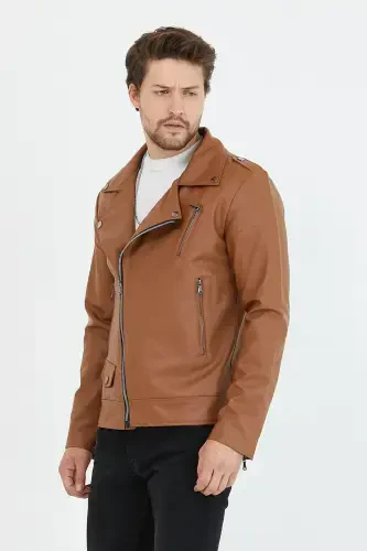 Men's Tan New Season Cross Zippered Leather Jacket-Tan - 5