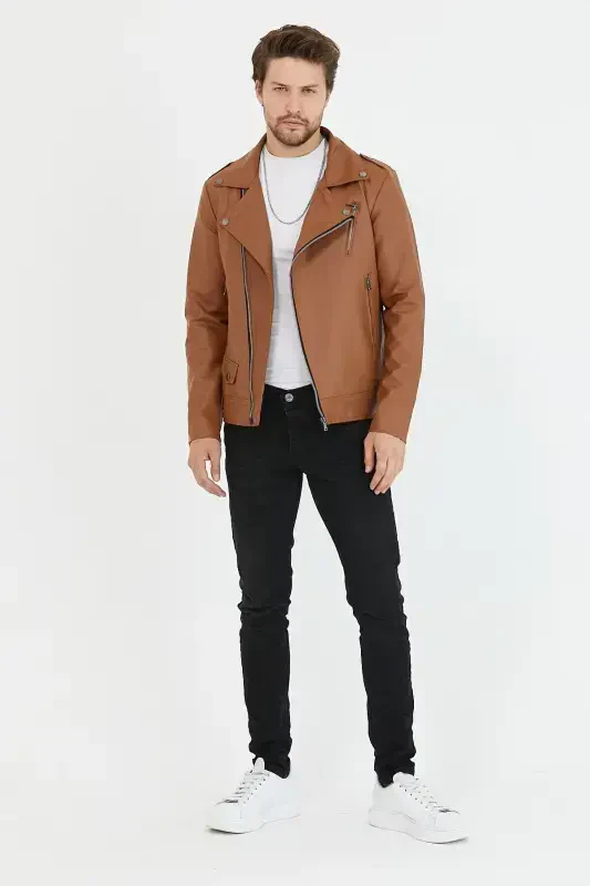 Men's Tan New Season Cross Zippered Leather Jacket-Tan - 6