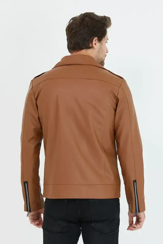 Men's Tan New Season Cross Zippered Leather Jacket-Tan - 7