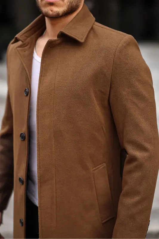 Men's Tan Slim Fit Long Wool Blend Pea Coat Shirt Collar Overcoat&coat-TAN - 1