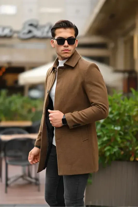 Men's Tan Slim Fit Wool Blend Overcoat Shirt Collar Coat-TAN - MODAZONE