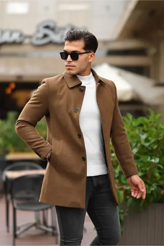 Men's Tan Slim Fit Wool Blend Overcoat Shirt Collar Coat-TAN - 2