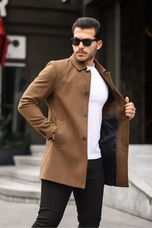 Men's Tan Slim Fit Wool Blend Overcoat Shirt Collar Coat-TAN - 4