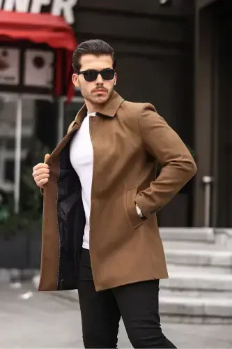 Men's Tan Slim Fit Wool Blend Overcoat Shirt Collar Coat-TAN - 5