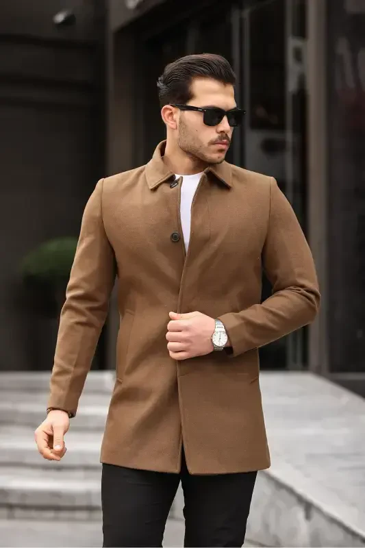 Men's Tan Slim Fit Wool Blend Overcoat Shirt Collar Coat-TAN - 6