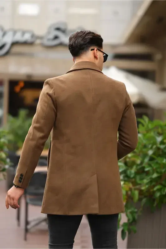 Men's Tan Slim Fit Wool Blend Overcoat Shirt Collar Coat-TAN - 7