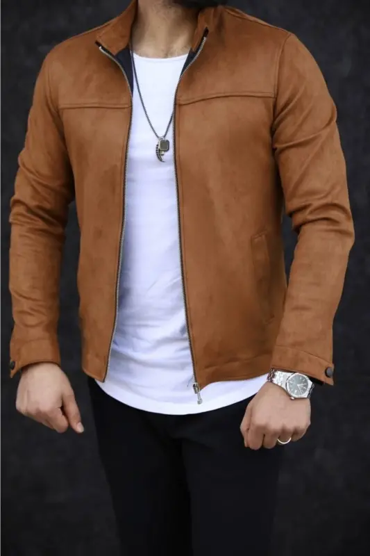 Men's Tan Suede Spring Jacket-TAN - 2