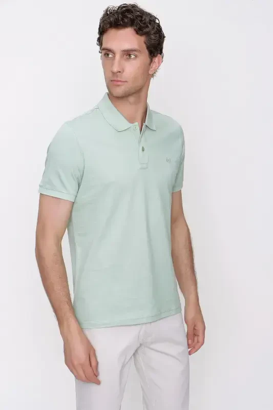 Men's Teal Basic Plain 100% Cotton Slim Fit Short Sleeve Polo Neck T-Shirt - 2
