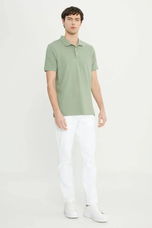 Men's Teal Cotton Slim Fit Narrow Cut Polo Collar Jacquard Flexible T-shirt - 2